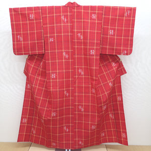 ウール着物 格子 単衣 広衿 身丈約(4尺2寸0分)159.6cm 赤 カジュアルきもの 仕立て上がり 中古
