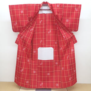 ウール着物 格子 単衣 広衿 身丈約(4尺2寸0分)159.6cm 赤 カジュアルきもの 仕立て上がり 中古