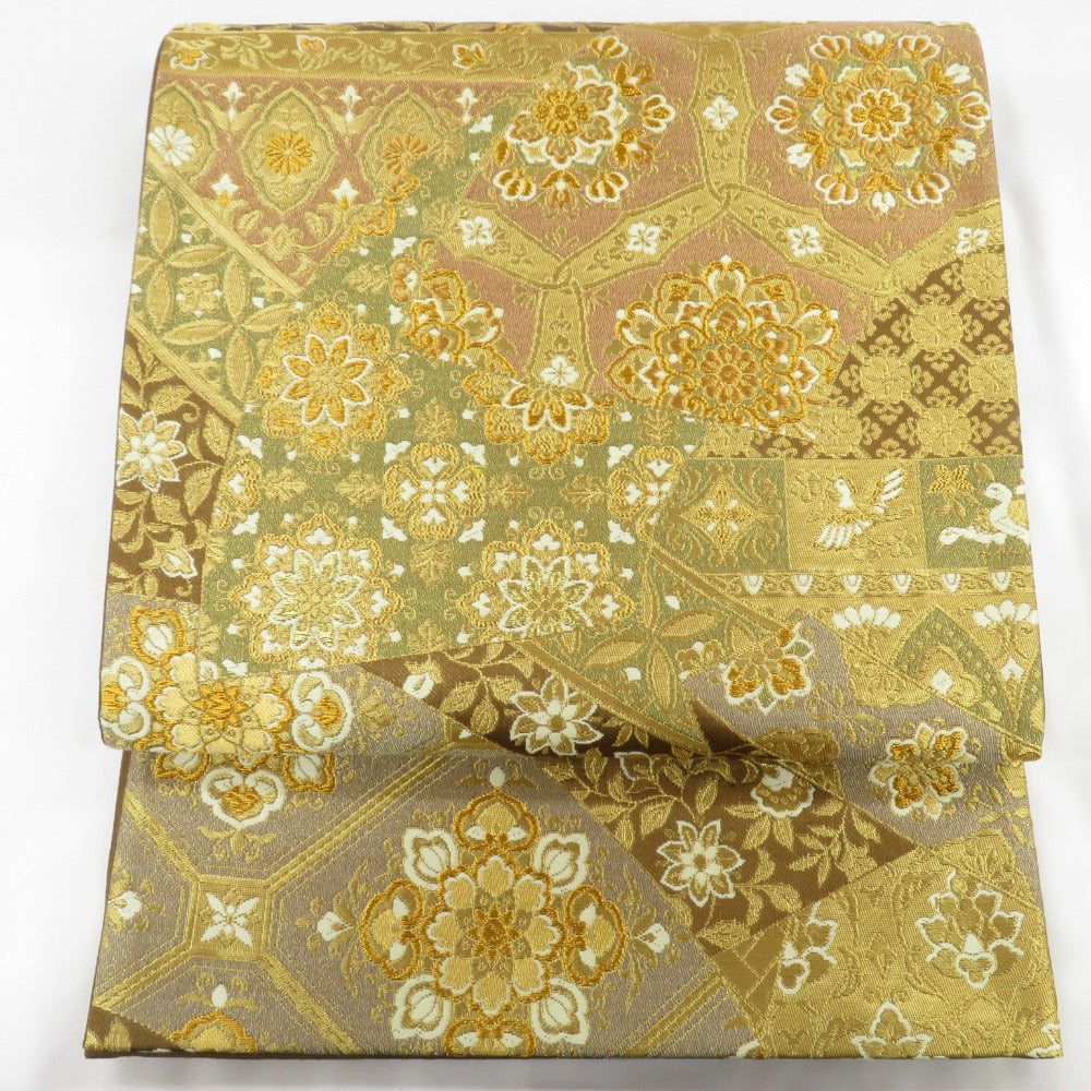 袋帯 裂取り文様 ゴールド 茶・金色 六通柄 正絹 金糸 フォーマル 仕立て上がり 着物帯 長さ438cm 美品