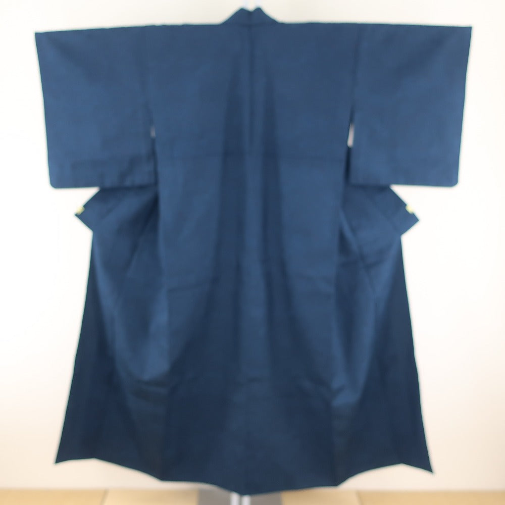 ウール着物 小花柄 紺色 バチ衿 (3尺9寸0分)148cm カジュアルきもの 仕立て上がり 中古