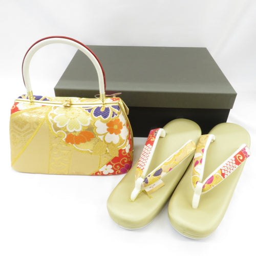 Sandals / Bag Set for kimonos LL size Gold pure silk bandage 3 -piece core stand 24.5-25.5cm adaptable material with rebound material in Japan adult ceremonial wedding