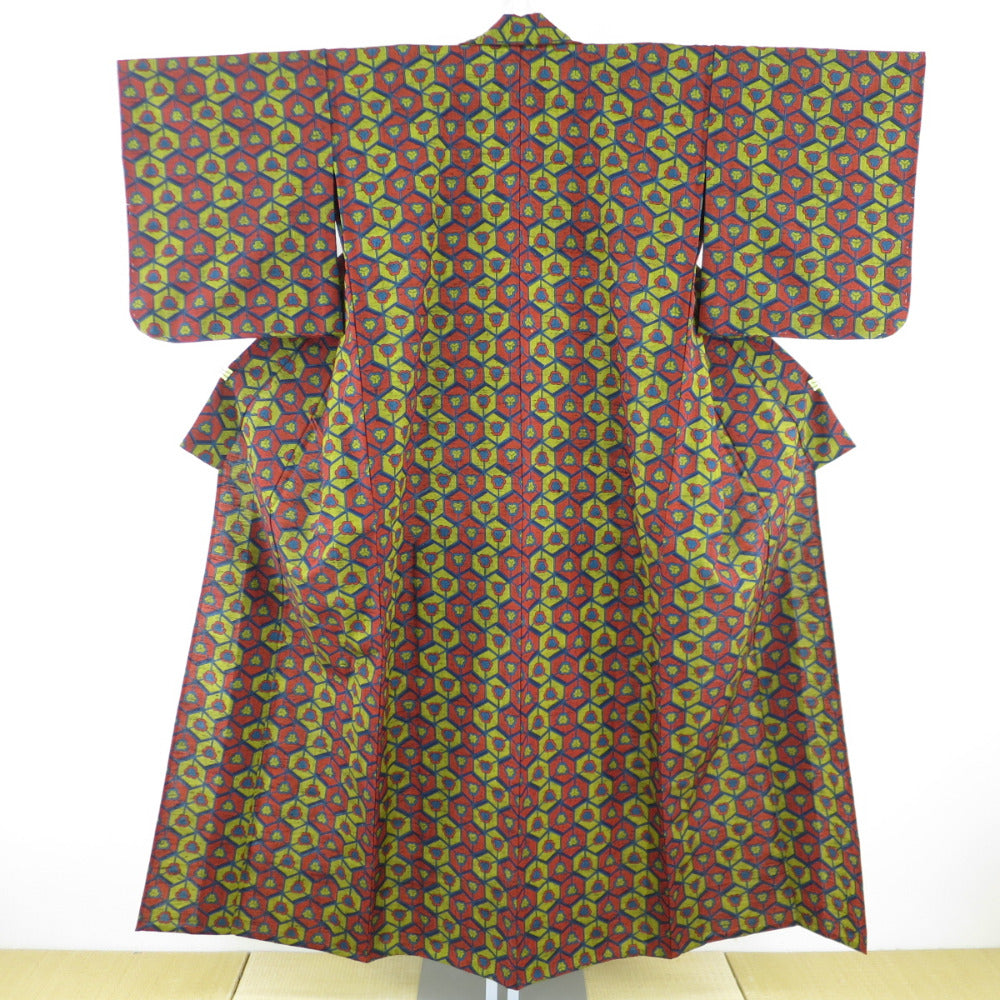 Wool kimono single -colored, ocher turtle turtle shell lattice dyed pattern dyed phala crack casual kimono tailoring kimono 150cm