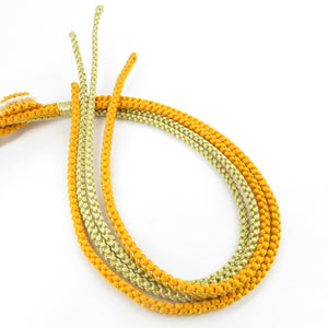 帯締め 振袖用 帯〆 黄色×金色 ストーン つまみ細工 飾り付き 絹100% 成人式 卒業式 和装小物 長さ176cm