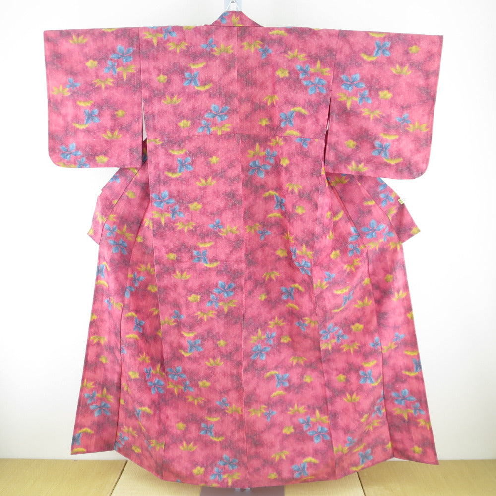 ウール着物 単衣 赤紫色 松竹梅柄 織り文様 バチ衿 カジュアルきもの 仕立て上がり 身丈155cm 中古