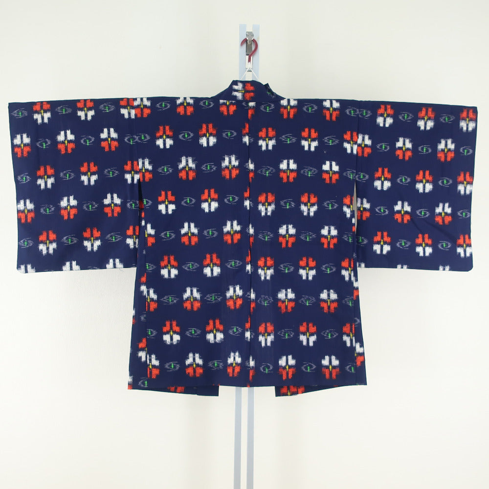 ウール着物 アンサンブル 羽織セット 単衣 紺色 花絣 織り文様 広衿