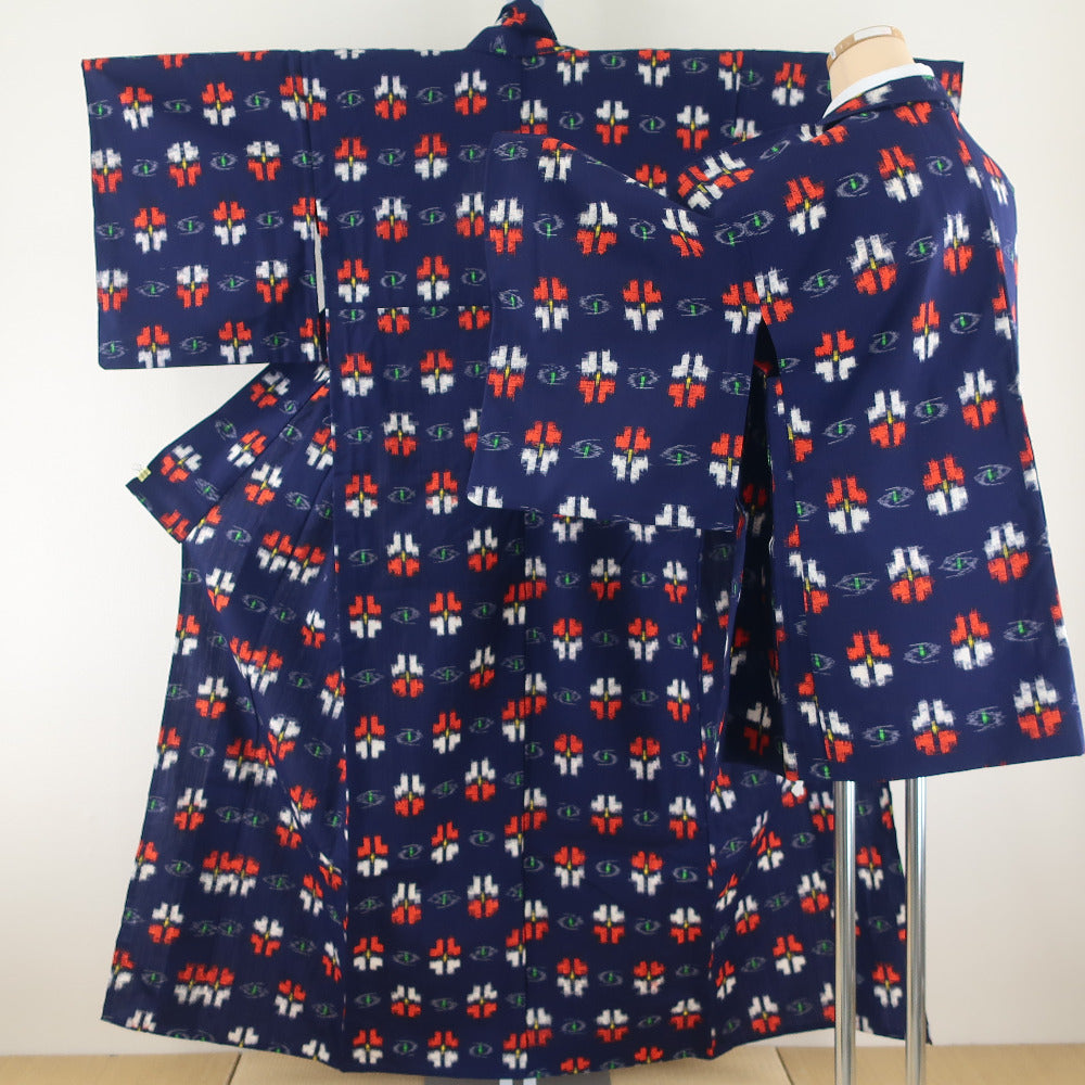 ウール着物 アンサンブル 羽織セット 単衣 紺色 花絣 織り文様 広衿