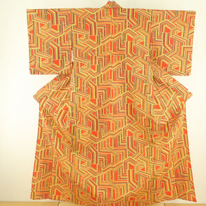 ウール着物 アンサンブル 羽織セット 単衣 橙色 幾何学柄 染め文様 バチ衿 カジュアルきもの 仕立て上がり 身丈158cm 中古