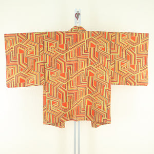 ウール着物 アンサンブル 羽織セット 単衣 橙色 幾何学柄 染め文様 バチ衿 カジュアルきもの 仕立て上がり 身丈158cm 中古
