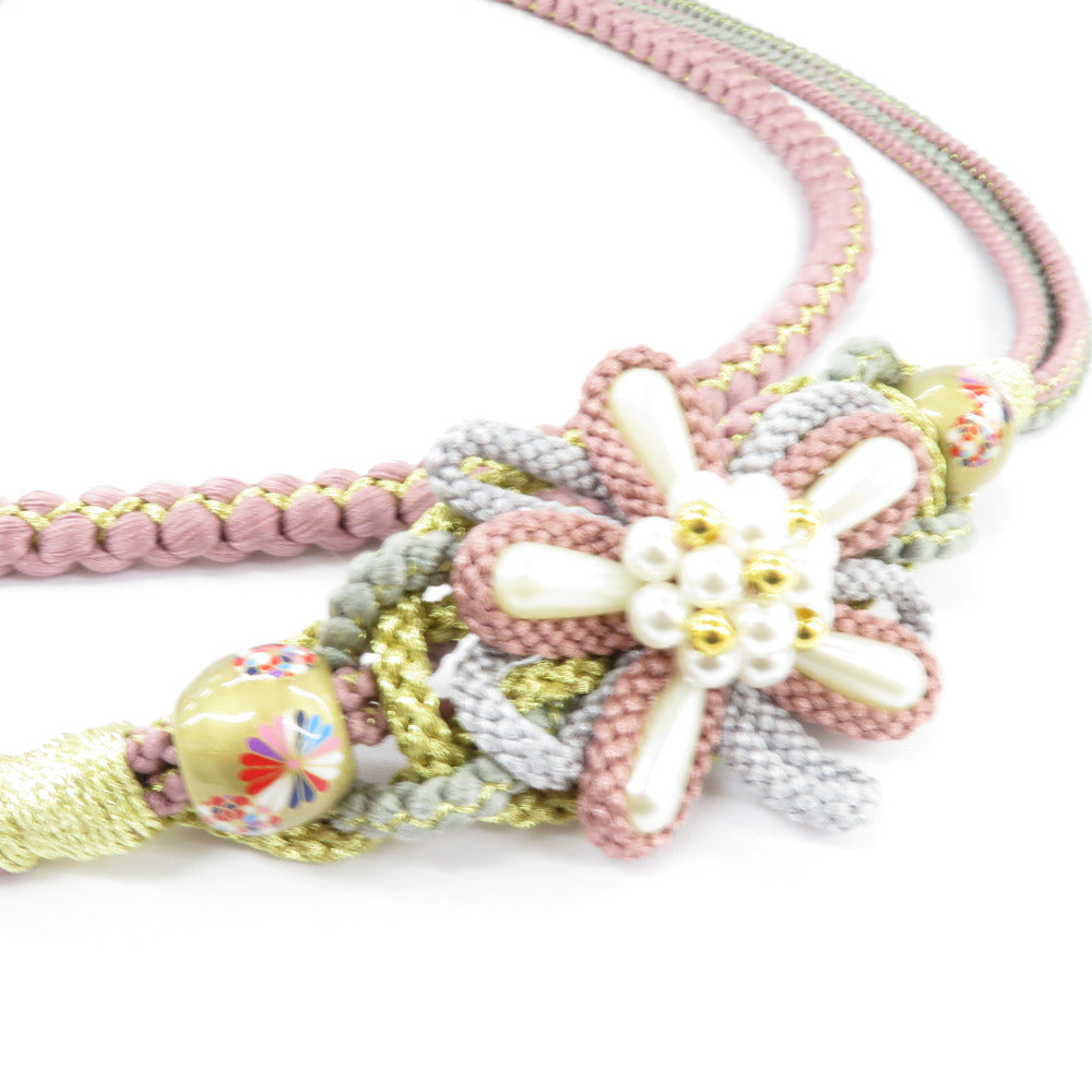 帯締め 振袖用 帯〆 くすみピンク 転写玉 花モチーフ 飾り付き 絹100