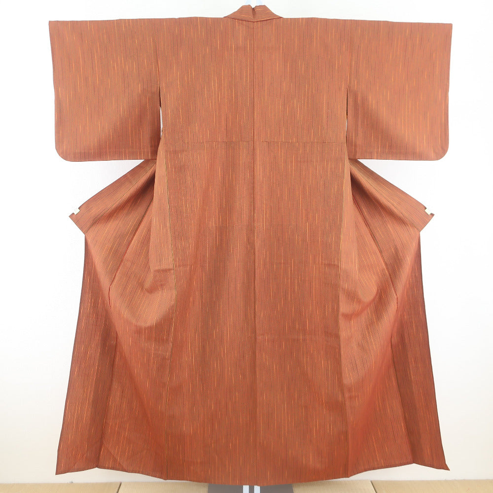 ウール着物 単衣 茶色 縞柄 織り文様 バチ衿 カジュアルきもの 仕立て上がり 身丈153cm 中古