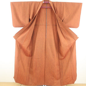 ウール着物 単衣 茶色 縞柄 織り文様 バチ衿 カジュアルきもの 仕立て上がり 身丈153cm 中古