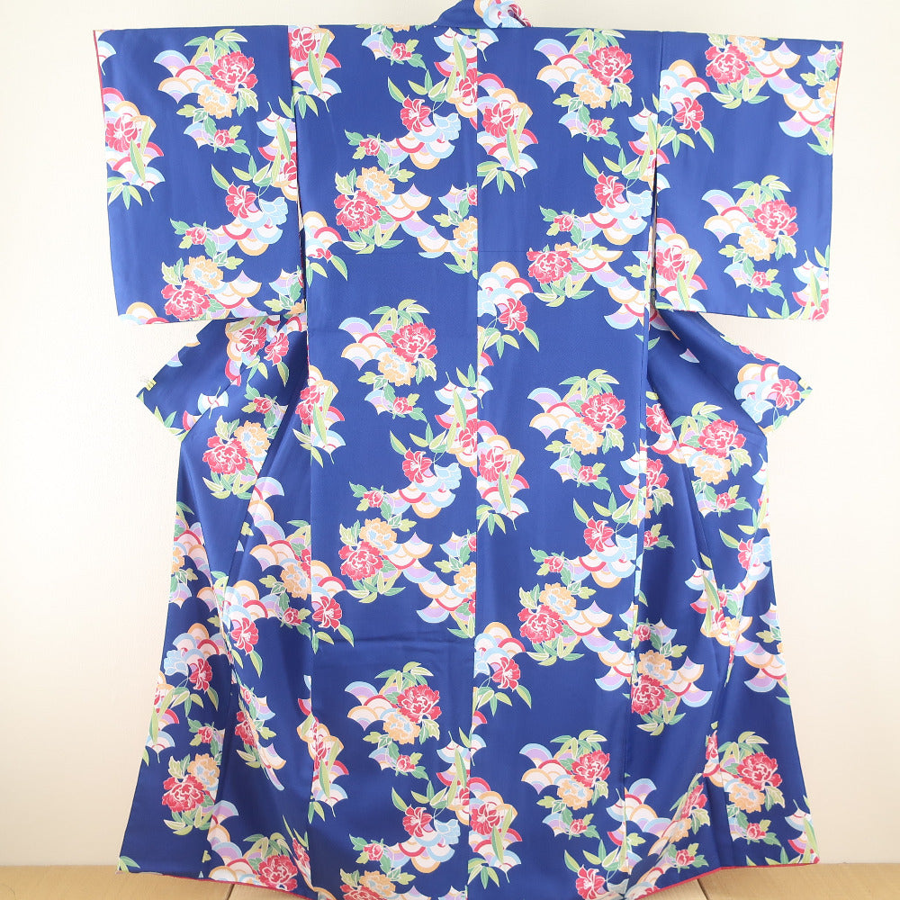小紋 洗える着物 青色 青海波に花柄 袷 広衿 Sサイズ ポリエステル
