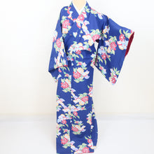 Load image into Gallery viewer, Komon Washable kimono Blue blue sea waves floral lined wide collar S size polyester 100 % Color Back back casual height 161cm beautiful goods