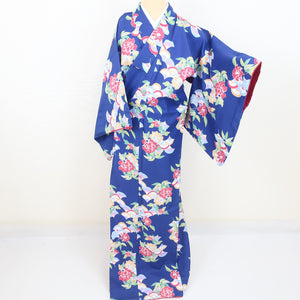 Komon Washable kimono blue seaweed waves and floral pattern wide collar S size polyester 100 % Color Back back casual height 161cm beautiful goods