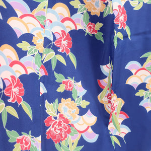 小紋 洗える着物 青色 青海波に花柄 袷 広衿 Sサイズ ポリエステル100 