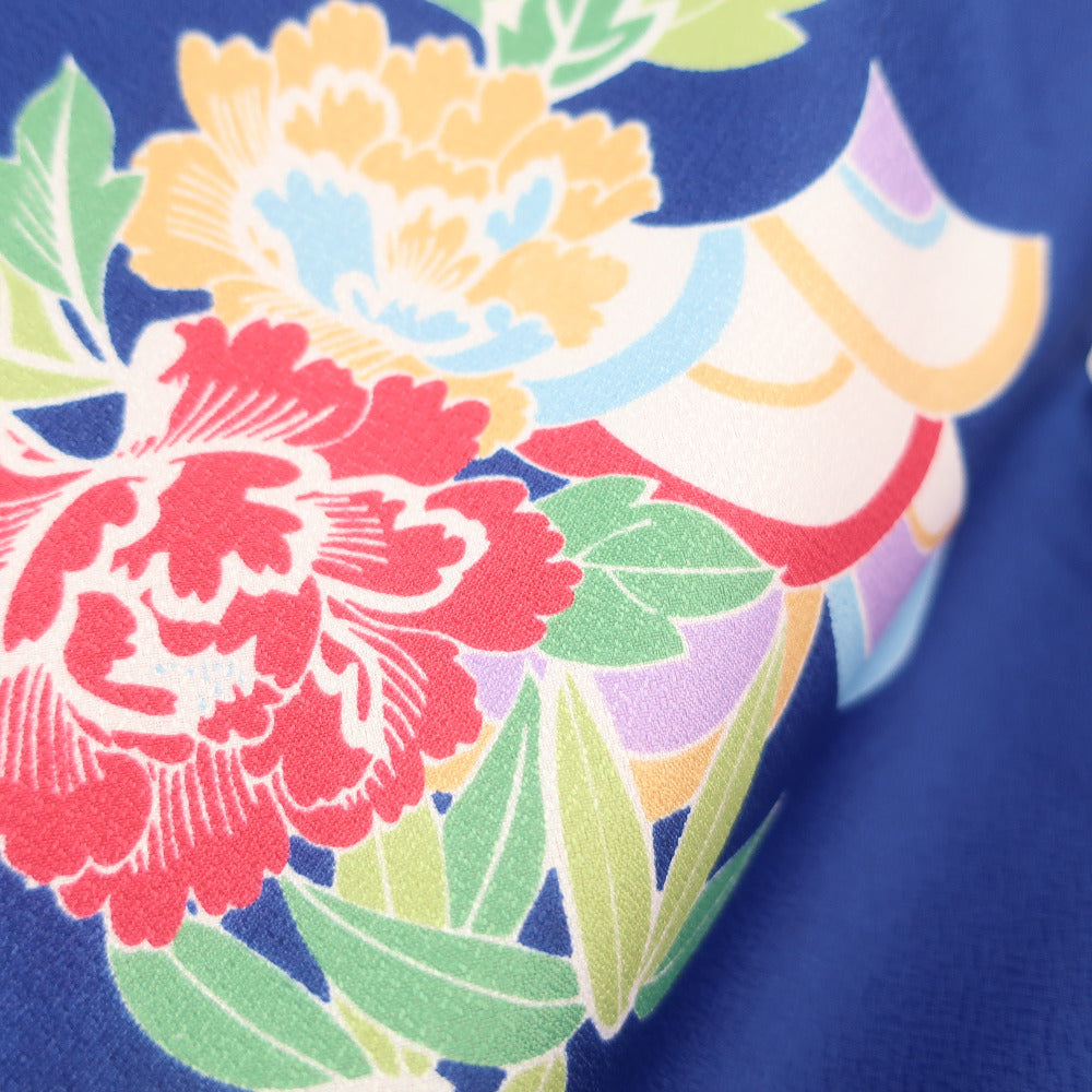 小紋 洗える着物 青色 青海波に花柄 袷 広衿 Sサイズ ポリエステル100