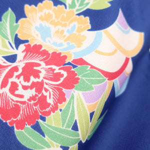 小紋 洗える着物 青色 青海波に花柄 袷 広衿 Sサイズ ポリエステル100％ カラー胴裏 カジュアル 身丈161cm 美品
