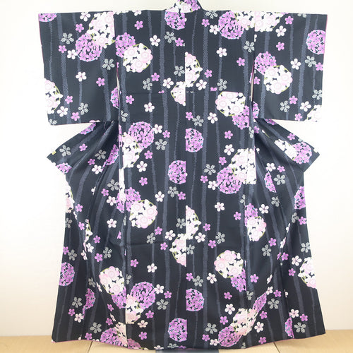 Komon Washing Kimono Maru Plum pattern black lined wide collar S size polyester 100 % Color Back back Casual height 162cm beautiful goods