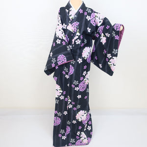 Komon Washing Kimono Maru Plum pattern black lined wide collar S size polyester 100 % Color Back back Casual height 162cm beautiful goods
