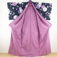 Load image into Gallery viewer, Komon Washing Kimono Maru Plum pattern black lined wide collar S size polyester 100 % Color Back back casual height 162cm beautiful goods