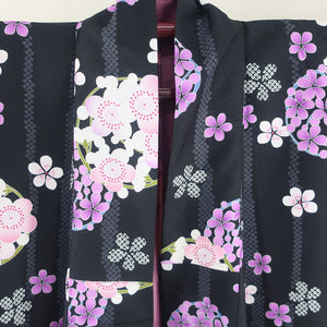小紋 洗える着物 丸に梅柄 黒色 袷 広衿 Sサイズ ポリエステル100％ カラー胴裏 カジュアル 身丈162cm 美品