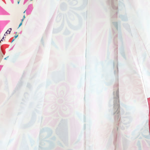 小紋 洗える着物 麻の葉に梅柄 桃紫色 袷 広衿 モダン Sサイズ ポリエステル100％ カジュアル 身丈161cm 美品