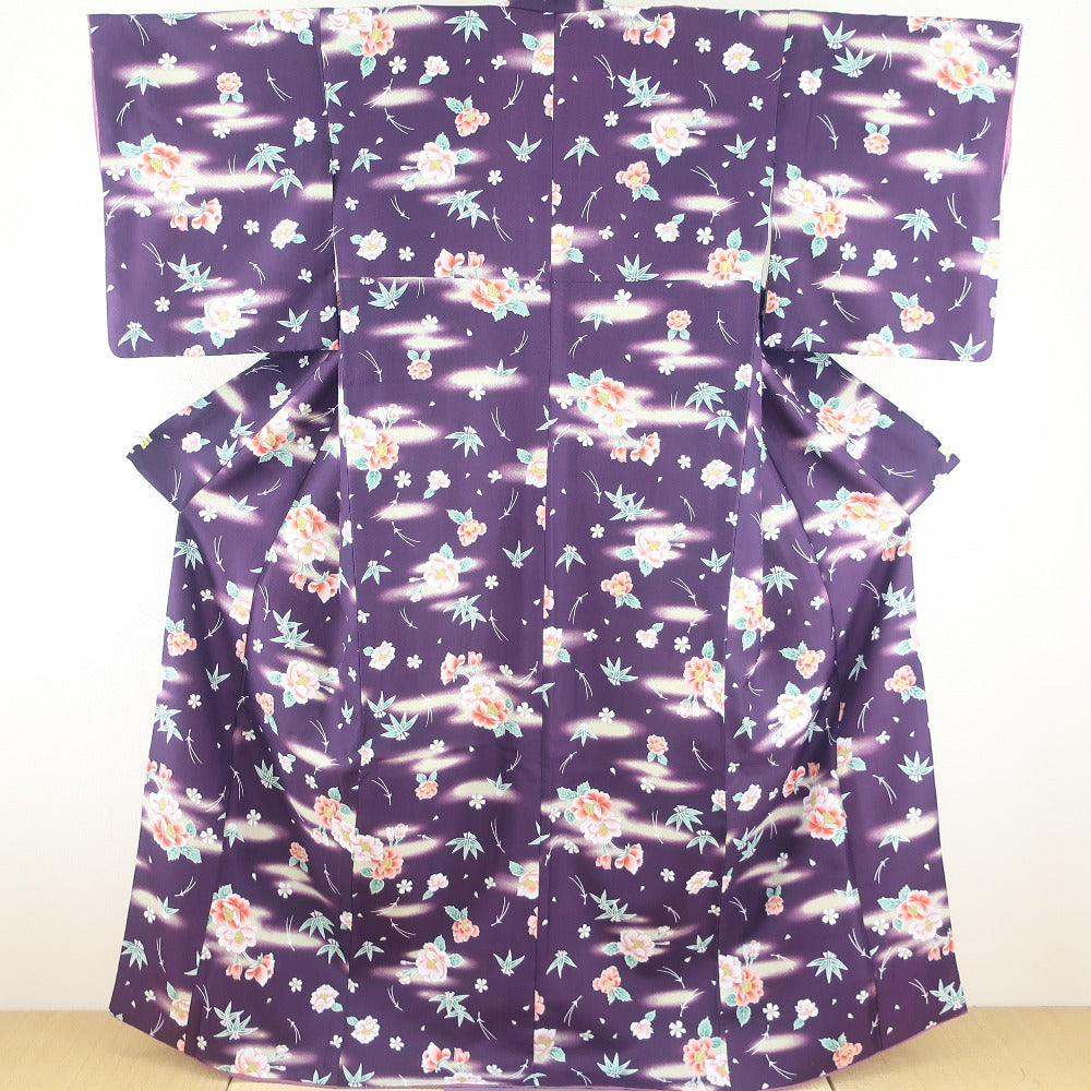 小紋 洗える着物 笹と松葉に牡丹柄 紫色 袷 広衿 Mサイズ ポリエステル