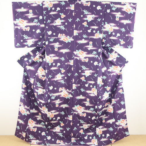 Kimon -washing kimono bamboo and pine leaves with peony -pattern purple lined lined lined collar M size polyester 100 % Casual height 165cm beautiful goods