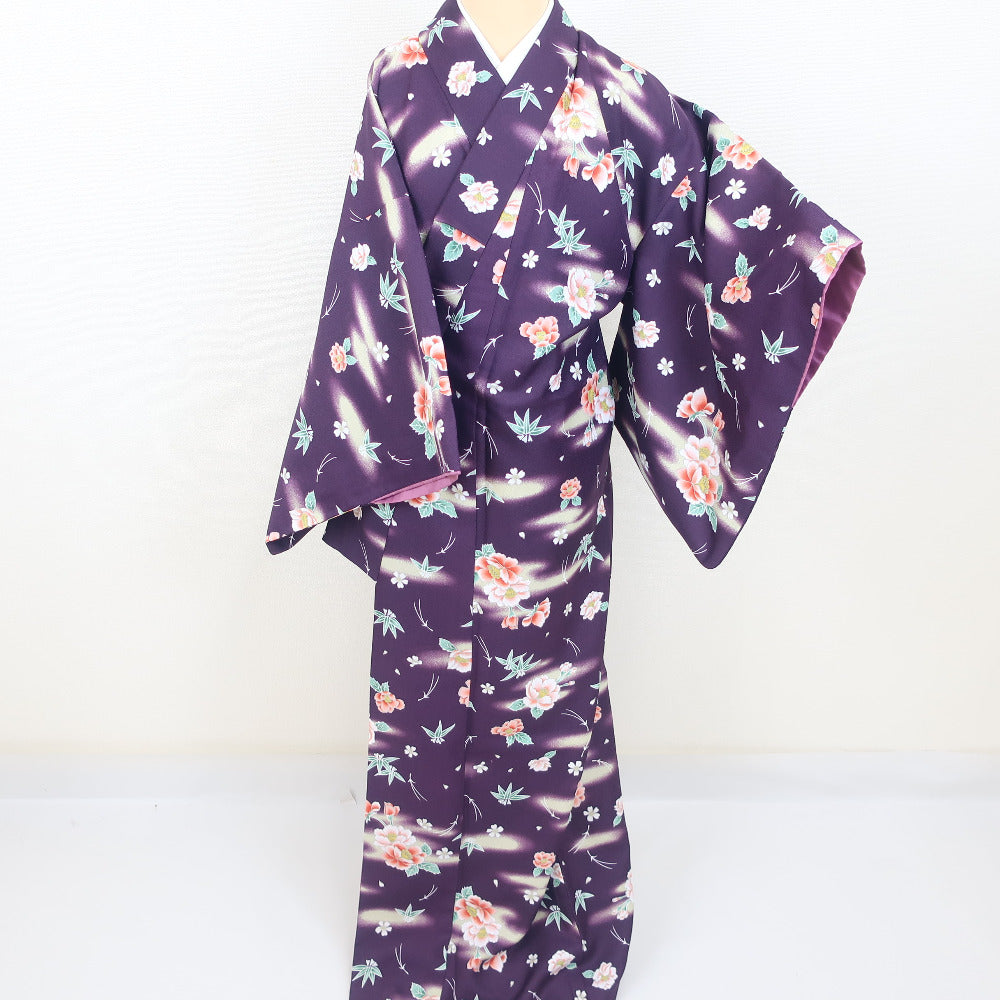 小紋 洗える着物 笹と松葉に牡丹柄 紫色 袷 広衿 Mサイズ ポリエステル