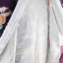 画像をギャラリービューアに読み込む, 小紋 洗える着物 笹と松葉に牡丹柄 紫色 袷 広衿 Mサイズ ポリエステル100％ カジュアル 身丈165cm 美品