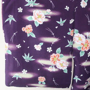 小紋 洗える着物 笹と松葉に牡丹柄 紫色 袷 広衿 Mサイズ ポリエステル100％ カジュアル 身丈165cm 美品