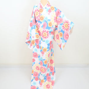 小紋 洗える着物 菊に桜柄 白色 袷 広衿 Mサイズ ポリエステル100％ カラー胴裏 カジュアル 身丈161cm 美品