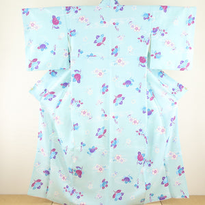 小紋 洗える着物 流水に桜と草花柄 水色 袷 広衿 Mサイズ ポリエステル100％ カラー胴裏 カジュアル 身丈163cm