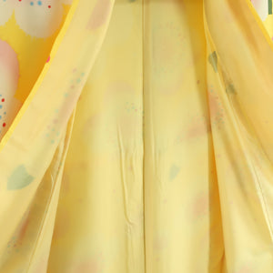 小紋 洗える着物 梅柄 ドット 黄色 袷 広衿 Lサイズ カラー胴裏 ポリエステル100％ カジュアル 身丈165cm 美品