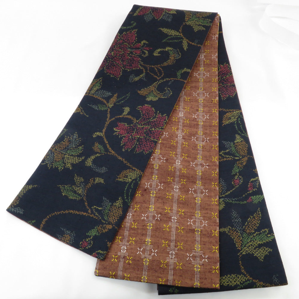 半幅帯 リバーシブル半巾帯 正絹 巾:約15cm×長さ:約390cm 紬×紬 紺色
