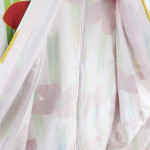 小紋 洗える着物 花柄 矢羽根 白色 袷 広衿 Mサイズ カラー胴裏 ポリエステル100％ カジュアル 身丈162cm 美品