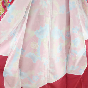 小紋 洗える着物 牡丹に桜柄 熨斗 赤桃色 袷 広衿 LLサイズ ポリエステル100％ カジュアル 身丈166cm 美品