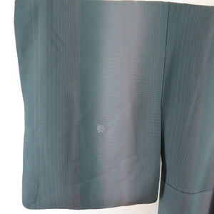 小紋 縞に葉文様 袷 広衿 深緑色 正絹 カジュアル着物 仕立て上がり 身丈155cm 美品