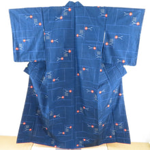 Load image into Gallery viewer, Tsumugi Kimono Navy Blue Red flower branch Pure Silk Lined Bee Bee Casual Casual Tailor