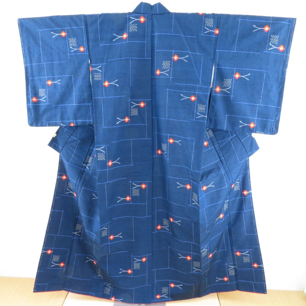 Tsumugi Kimono Navy Blue Red flower branch Pure Silk Lined Bee Bee Casual Casual Tailor
