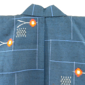 紬 着物 紺色 朱花枝 正絹 袷 バチ衿 カジュアル 仕立て上がり  身丈154cm 美品