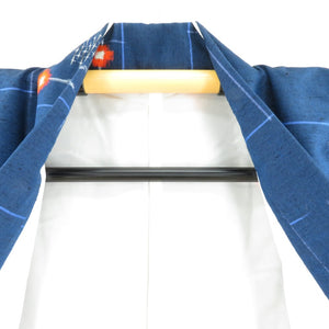 紬 着物 紺色 朱花枝 正絹 袷 バチ衿 カジュアル 仕立て上がり  身丈154cm 美品