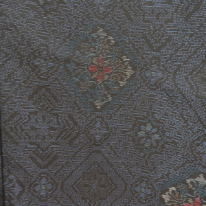 紬 着物 紺 菱 花 正絹 袷 広衿 カジュアル 仕立て上がり  身丈150cm 美品