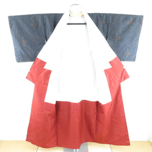 紬 着物 紺 菱 花 正絹 袷 広衿 カジュアル 仕立て上がり  身丈150cm 美品
