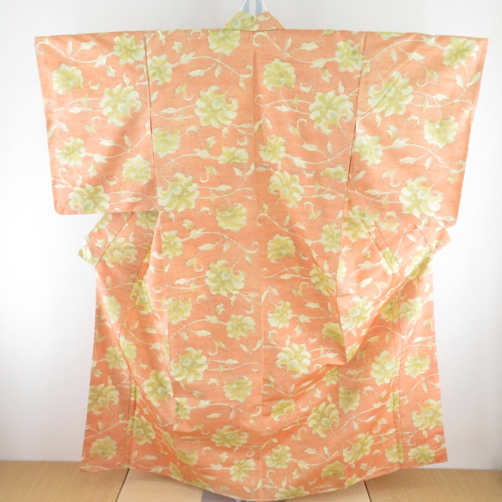 紬 着物 オレンジ 花 正絹 袷 バチ衿 カジュアル 仕立て上がり  身丈157cm 美品