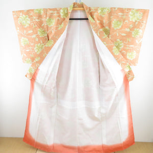 Tsumugi Kimono Orange Flowers Pure Silk Lined Bee Collar Casual Tailoring Cases 157cm Beautiful goods