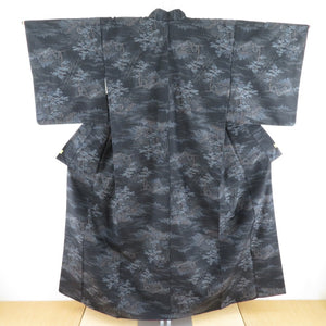 紬 着物 黒 風景 正絹 袷 バチ衿 カジュアル 仕立て上がり  身丈152cm 美品
