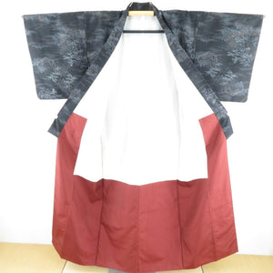 紬 着物 黒 風景 正絹 袷 バチ衿 カジュアル 仕立て上がり  身丈152cm 美品