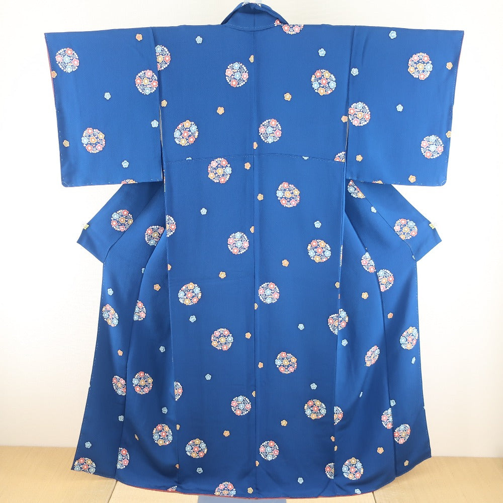 小紋 ちりめん 濃青 正絹 袷 広衿 カジュアル 仕立て上がり  身丈160cm