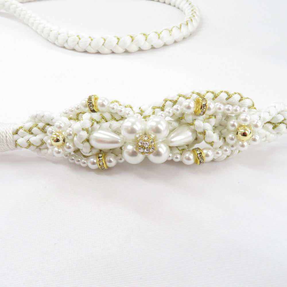 帯締め 振袖用 帯〆 白×金色 パールビーズ 飾り付き 金糸 絹100% 丸組